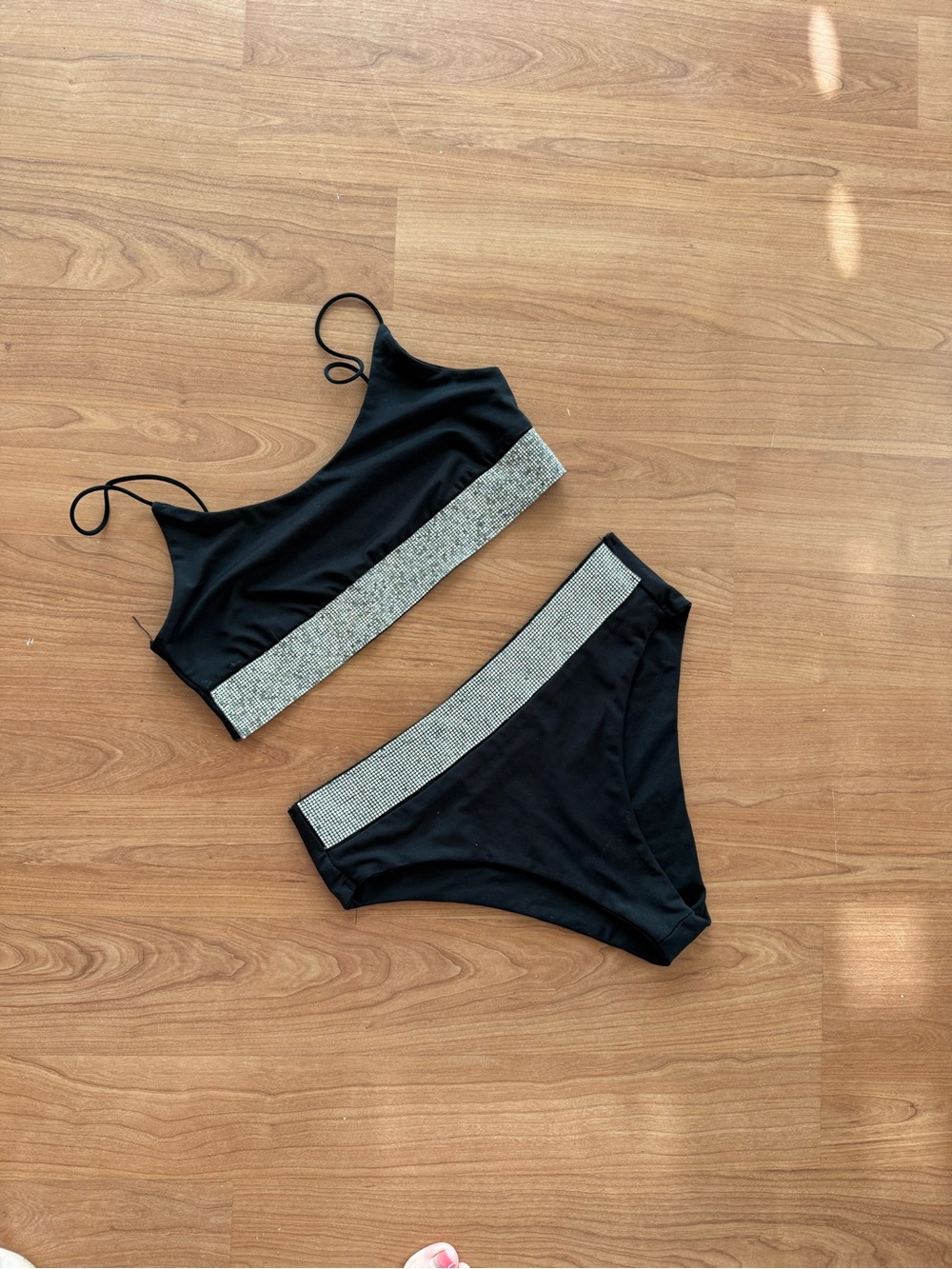 Black Two-Piece Swim Set with Silver Accent